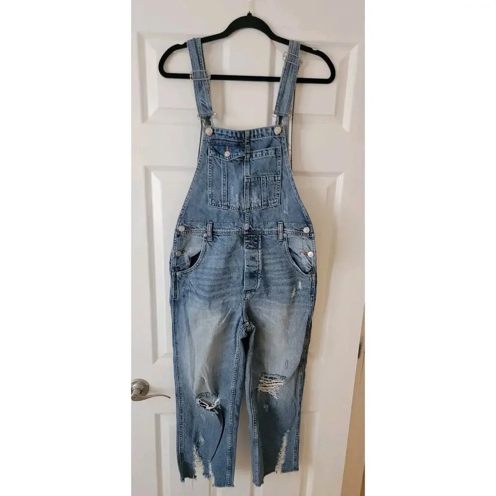 Free People Baggy BF Denim Overalls SZ 24 Boyfriend Distressed Drapey OB 898204
